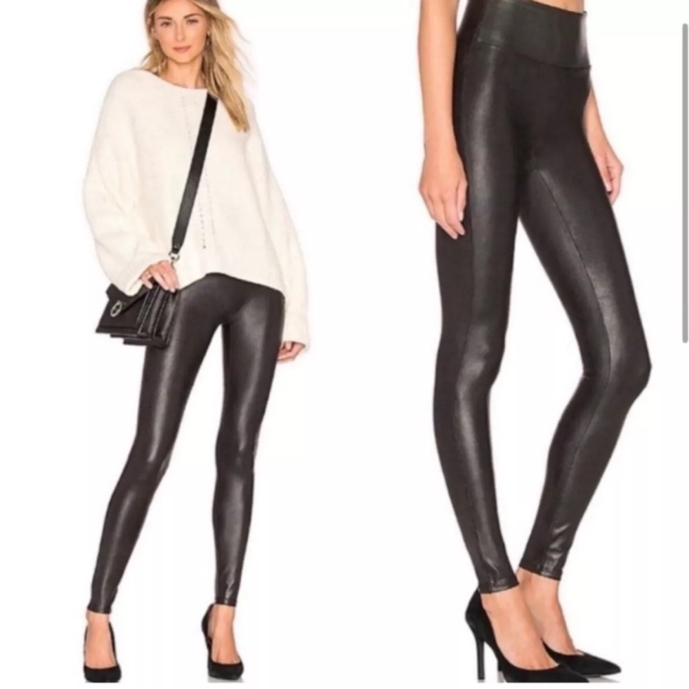 Spanx Leggings Women's Medium Faux Leather Pant Shiny Black Pull On Stretch Yoga - Picture 2 of 12